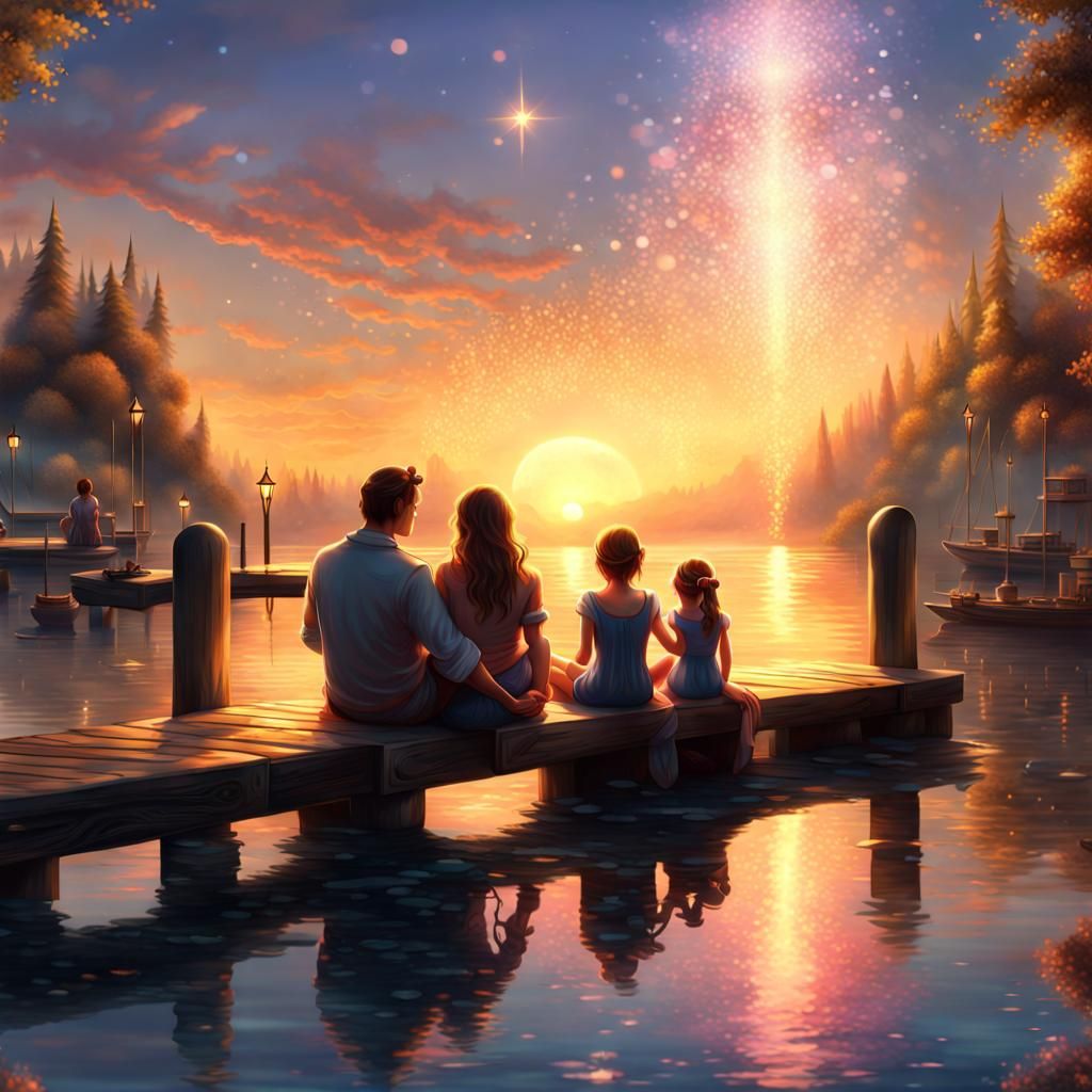 Sunset Silhouette: Family Sparkles in Art Nouveau Style