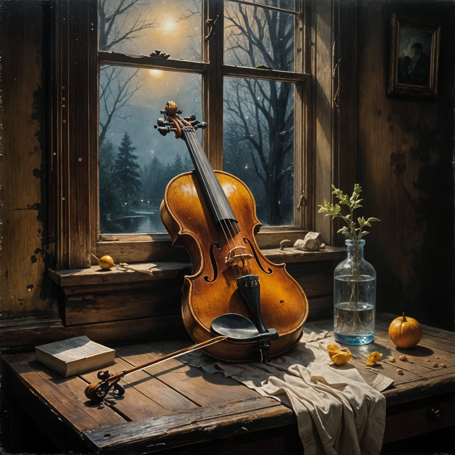 Antique Violin by Starlit Sea in Oil Painting Style