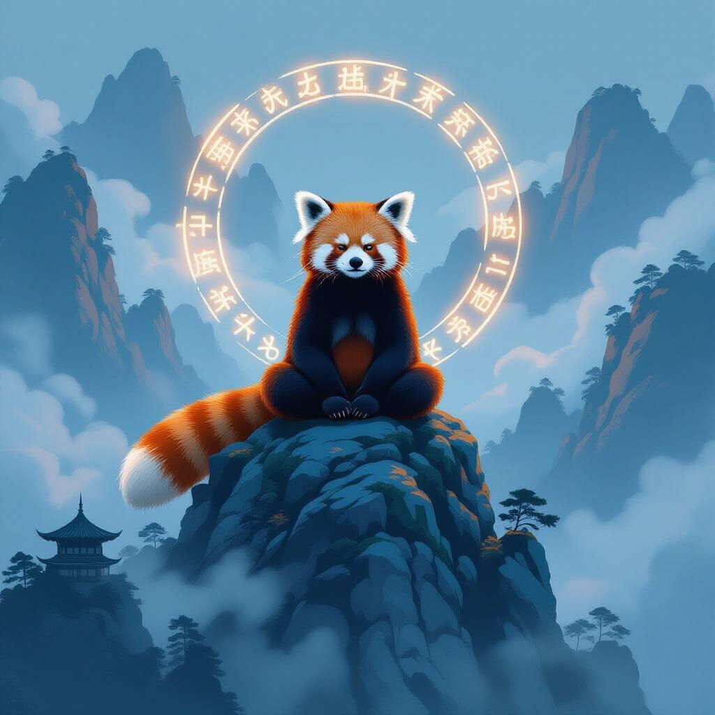 Red Panda Meditates on Misty Peak with Glowing Runes