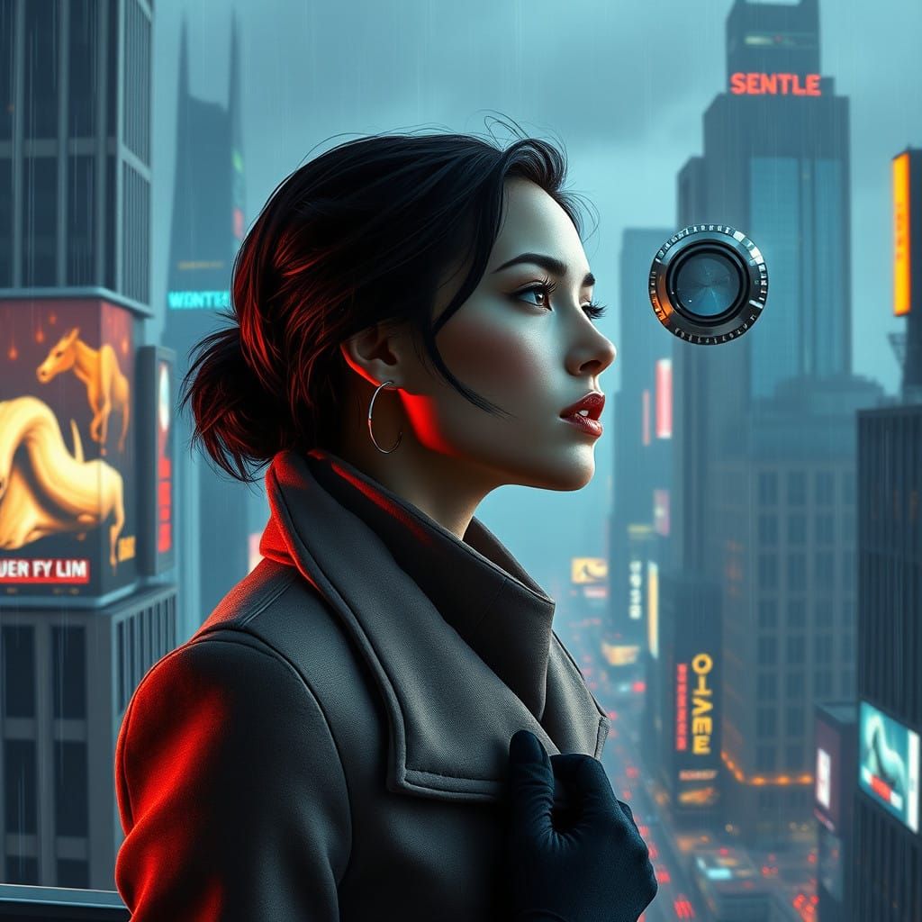 Futuristic Woman Lost in Thought, Dystopian Cityscape