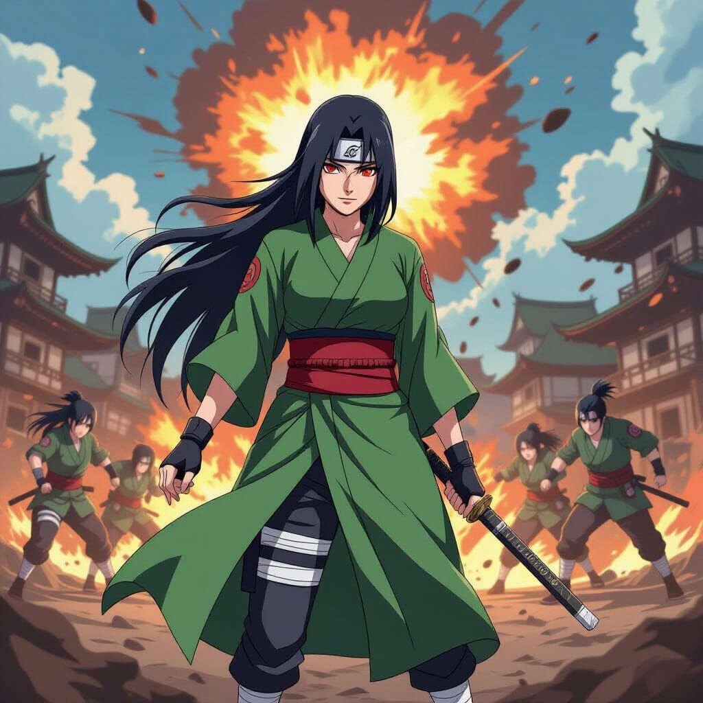 Tsunade on Chaotic Battlefield in Dynamic Anime Style