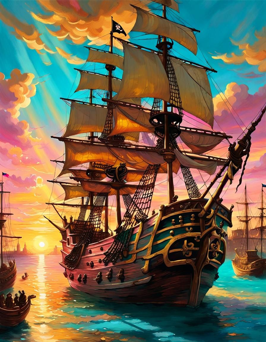 Renaissance Pirate Ship at Sunset: Maritime Oil Painting