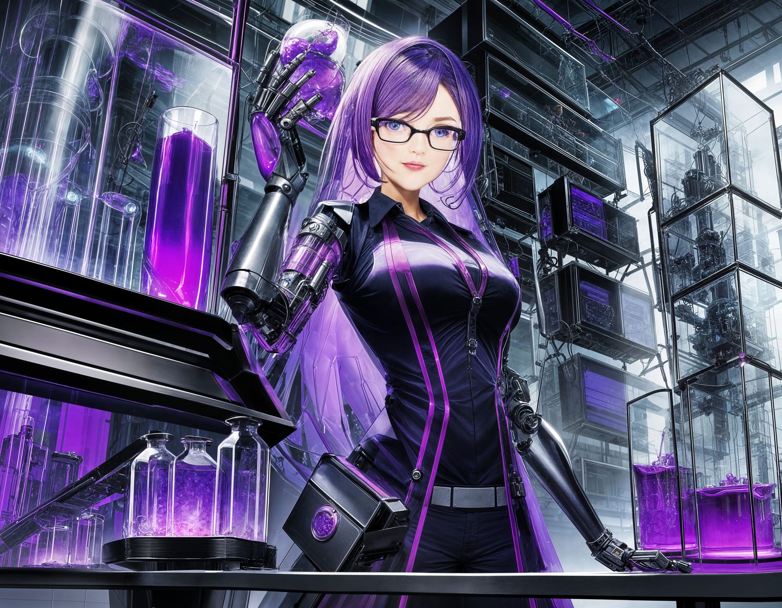 Cyberpunk Mad Scientist with Robotic Arm and Violet Torso