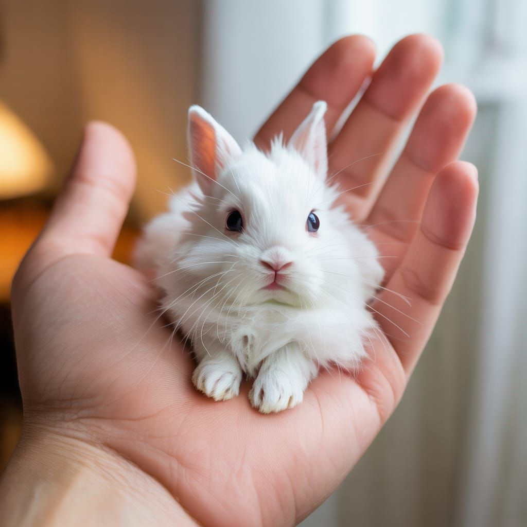 Tiny Fluffy Bunny in Palm of Hand Photograph