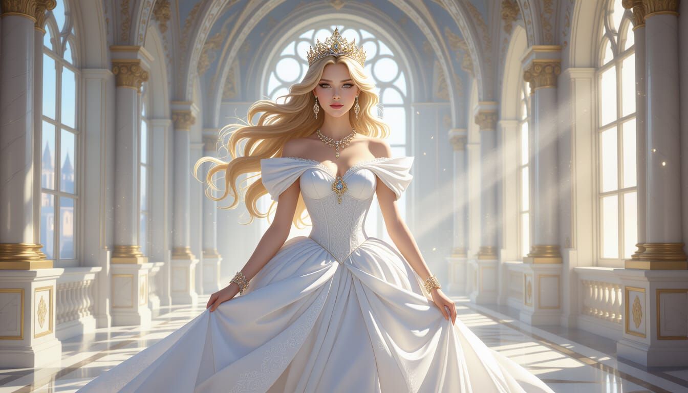 Elegant Princess in Castle Hall, Digital Matte Painting