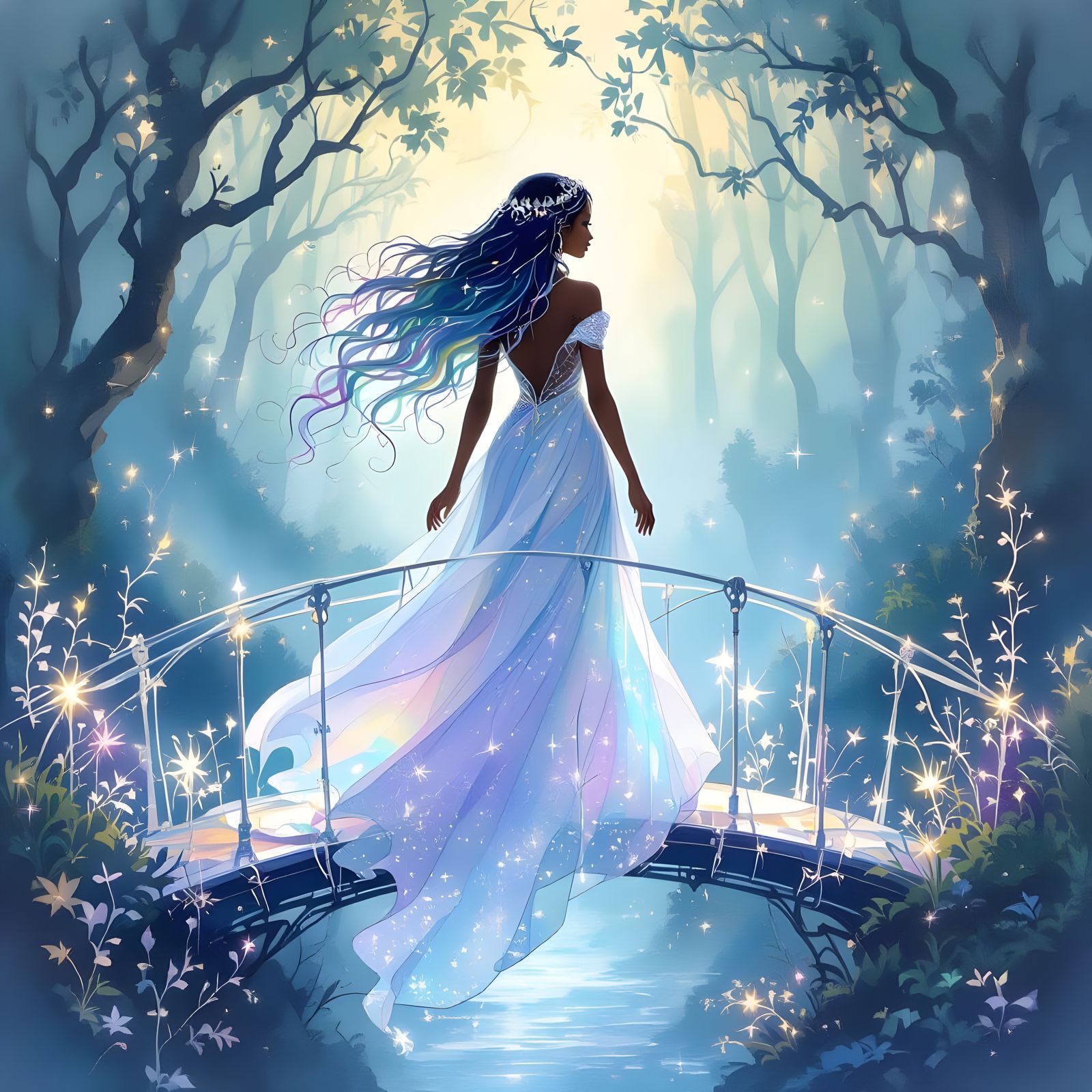Ethereal Woman on Crystalline Bridge in Bioluminescent Fores...