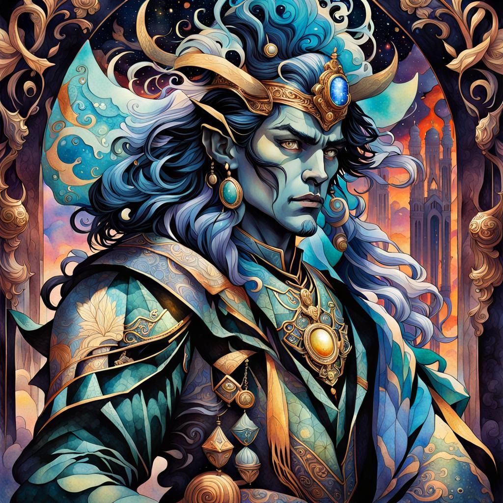 Dreamy Anime Man in Victorian Era, Watercolor Illustration