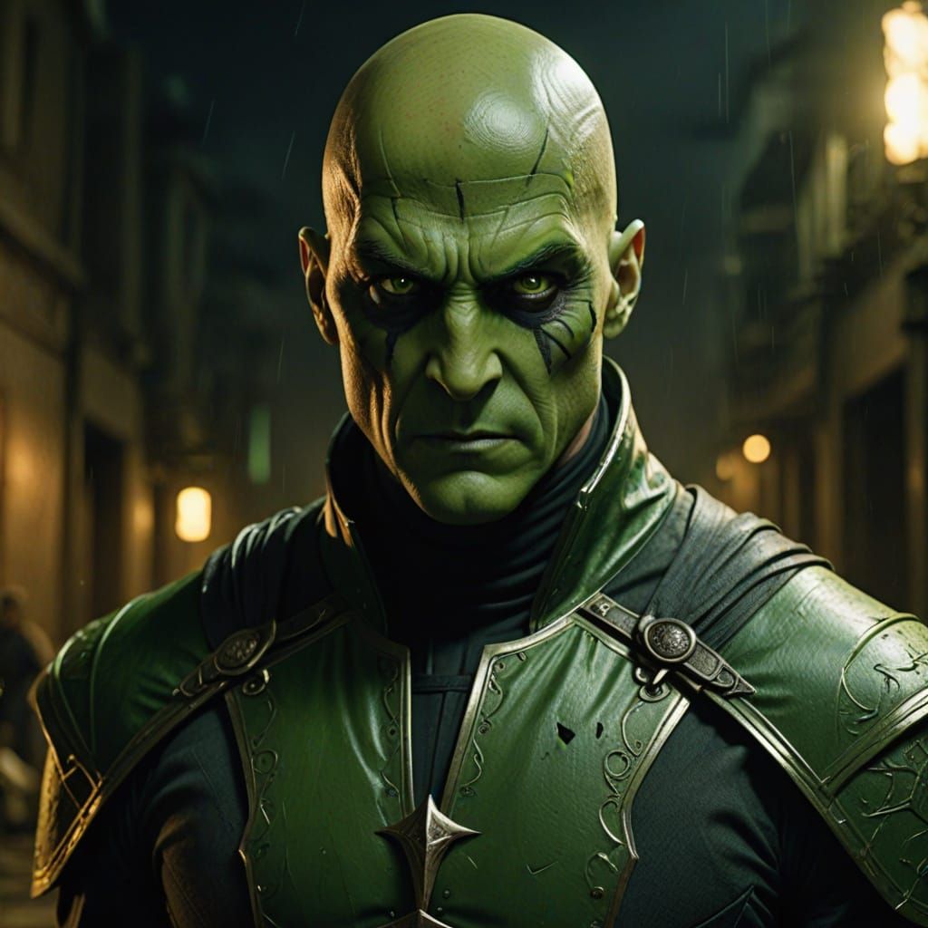 Green-Skinned Man in Guillotine Costume: Hyperrealistic Film...