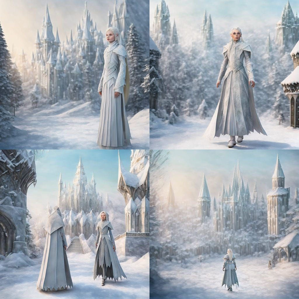 Regal Albino Elf Nobility Walks Through Winter Elven City