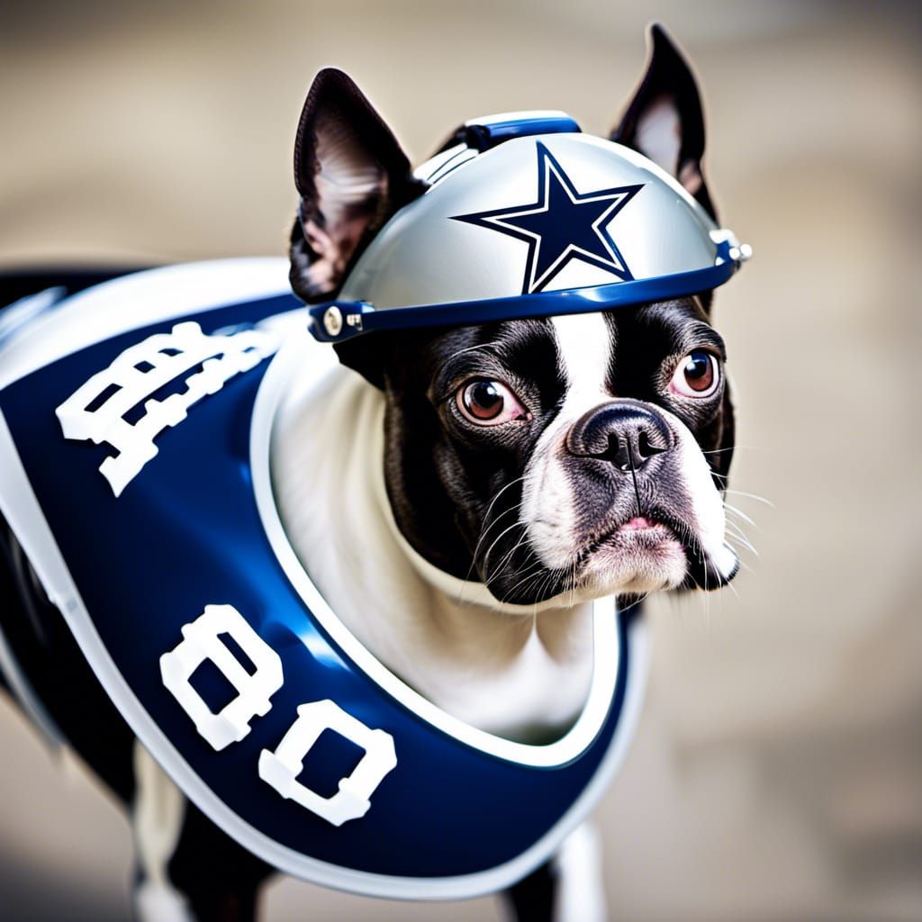 Boston Terrier in Dallas Cowboys Helmet