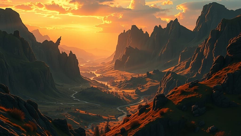 Epic Middle-earth Landscape in Golden Hour Light