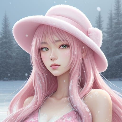 Anime Style Young Woman in Romantic Winter Bikini
