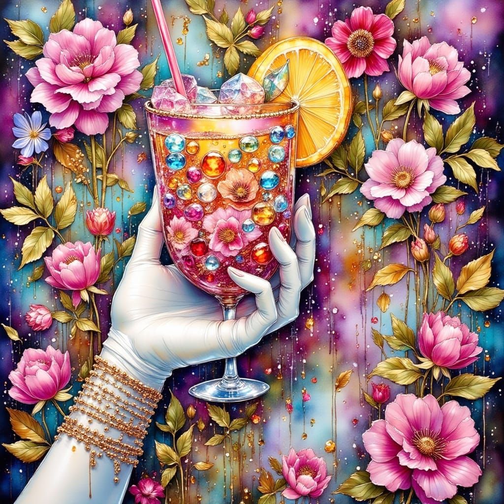 Hand Holding Jeweled Tumbler in Vibrant Digital Art