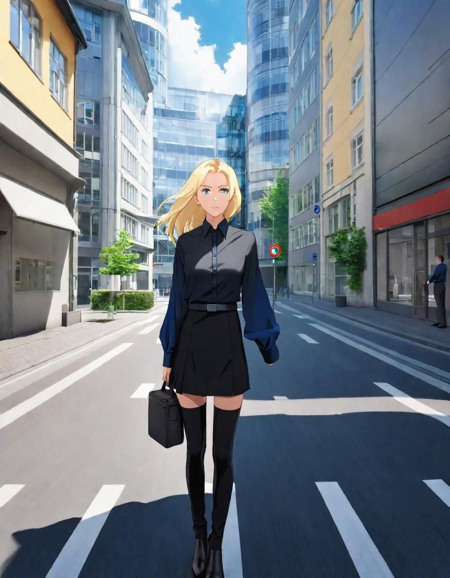 Anime-Style German Office Worker in Futuristic City