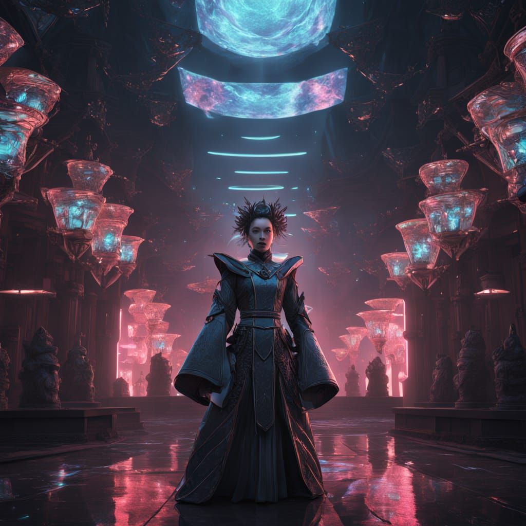 Futuristic Geisha Model in Glowing Neon Glass Dress