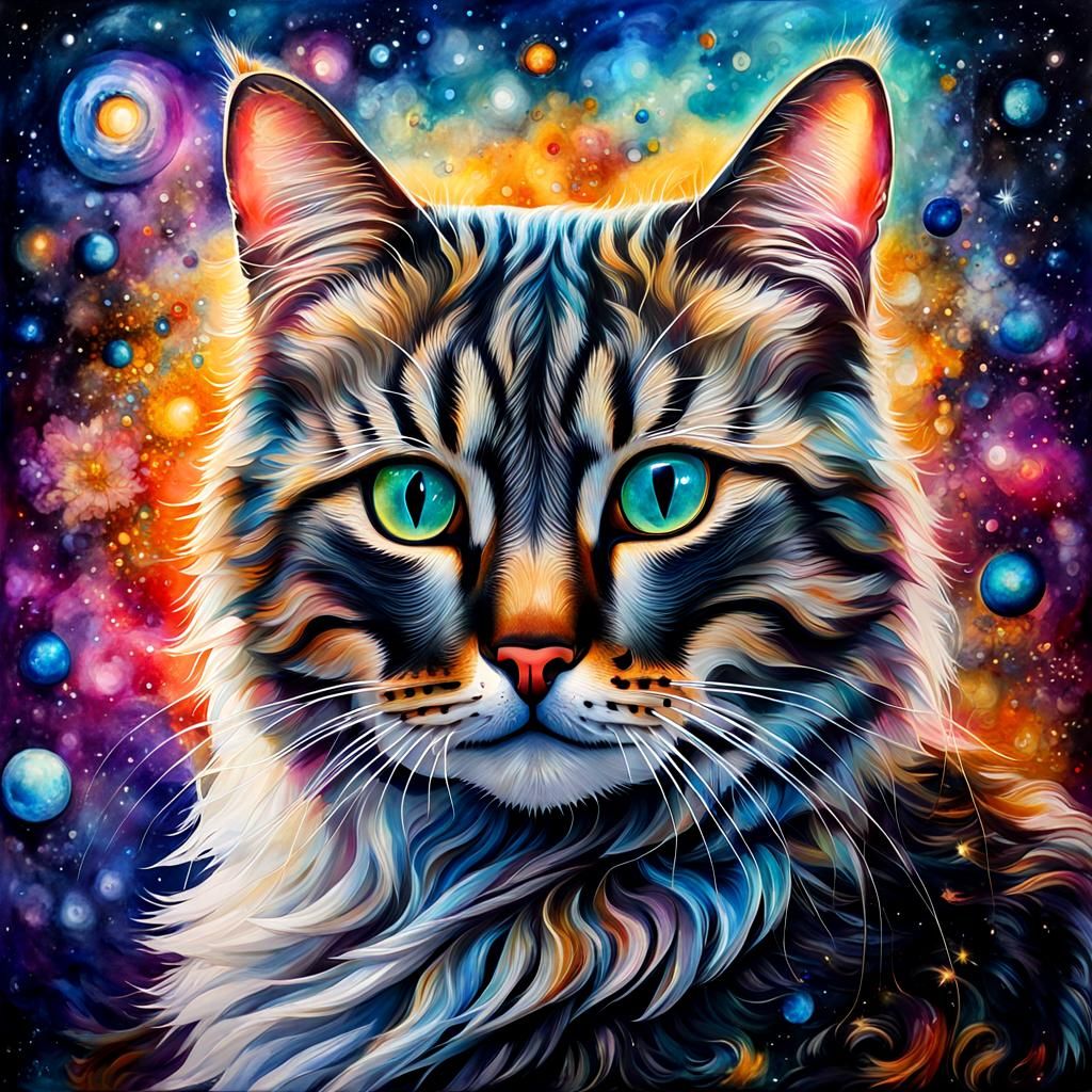 Cute Cat: Maximalist Encaustic and Watercolor Masterpiece