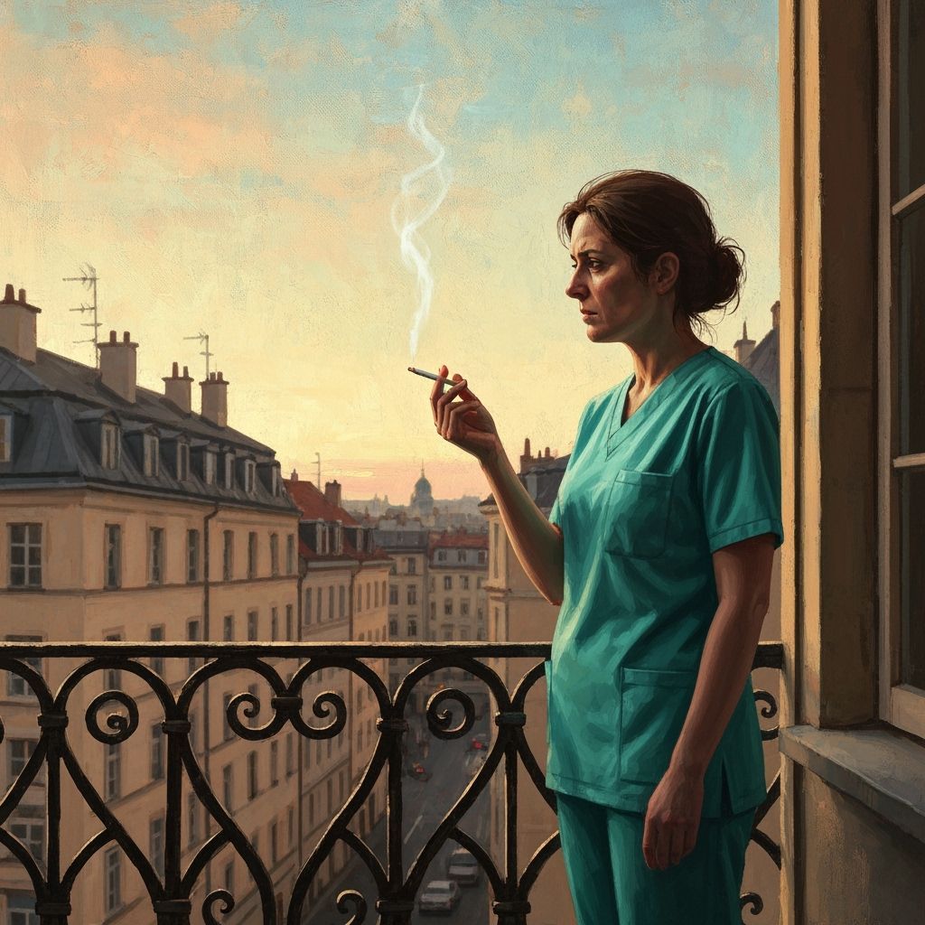 Tired Nurse's Dawn Contemplation Over European City