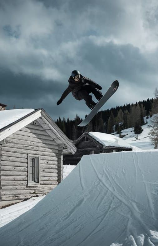 Snowboarder Jumps Before Log Cabin in Snowy Mountains