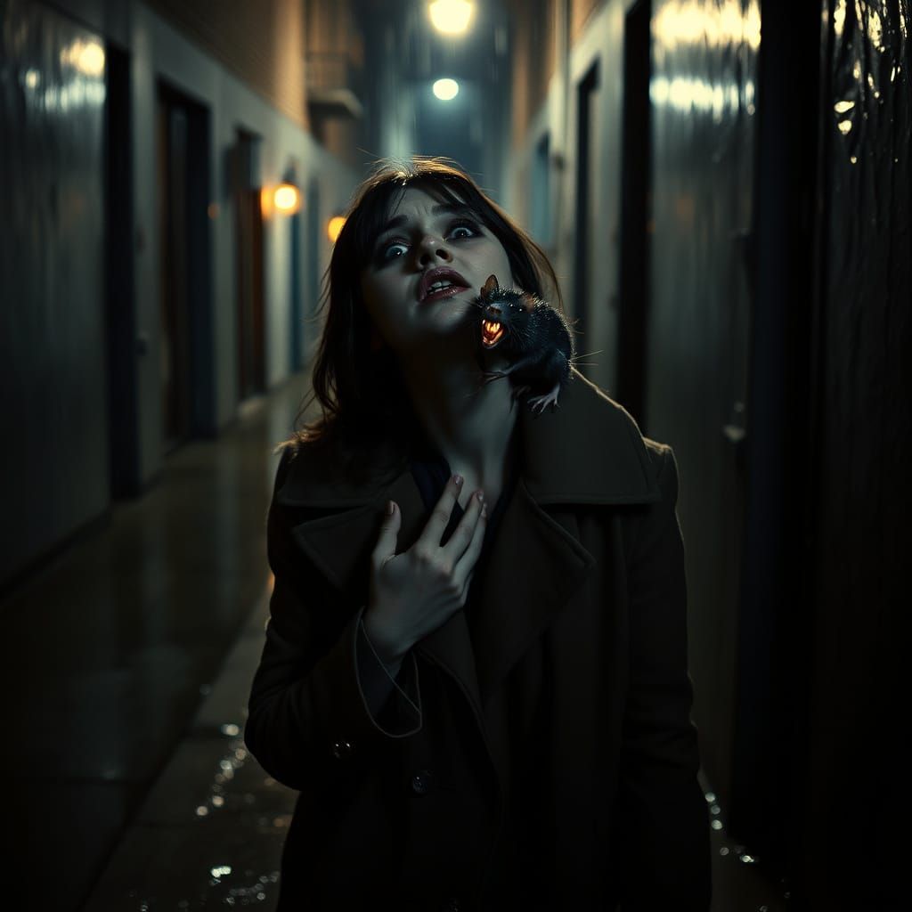 Vampire Mouse Terrorizes Woman in Dark, Rainy Alleyway