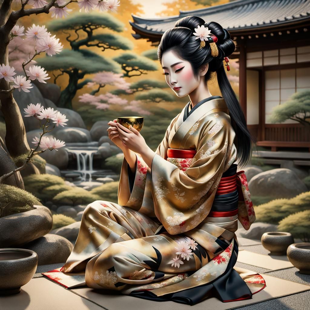 Geisha in Serene Japanese Tea Garden