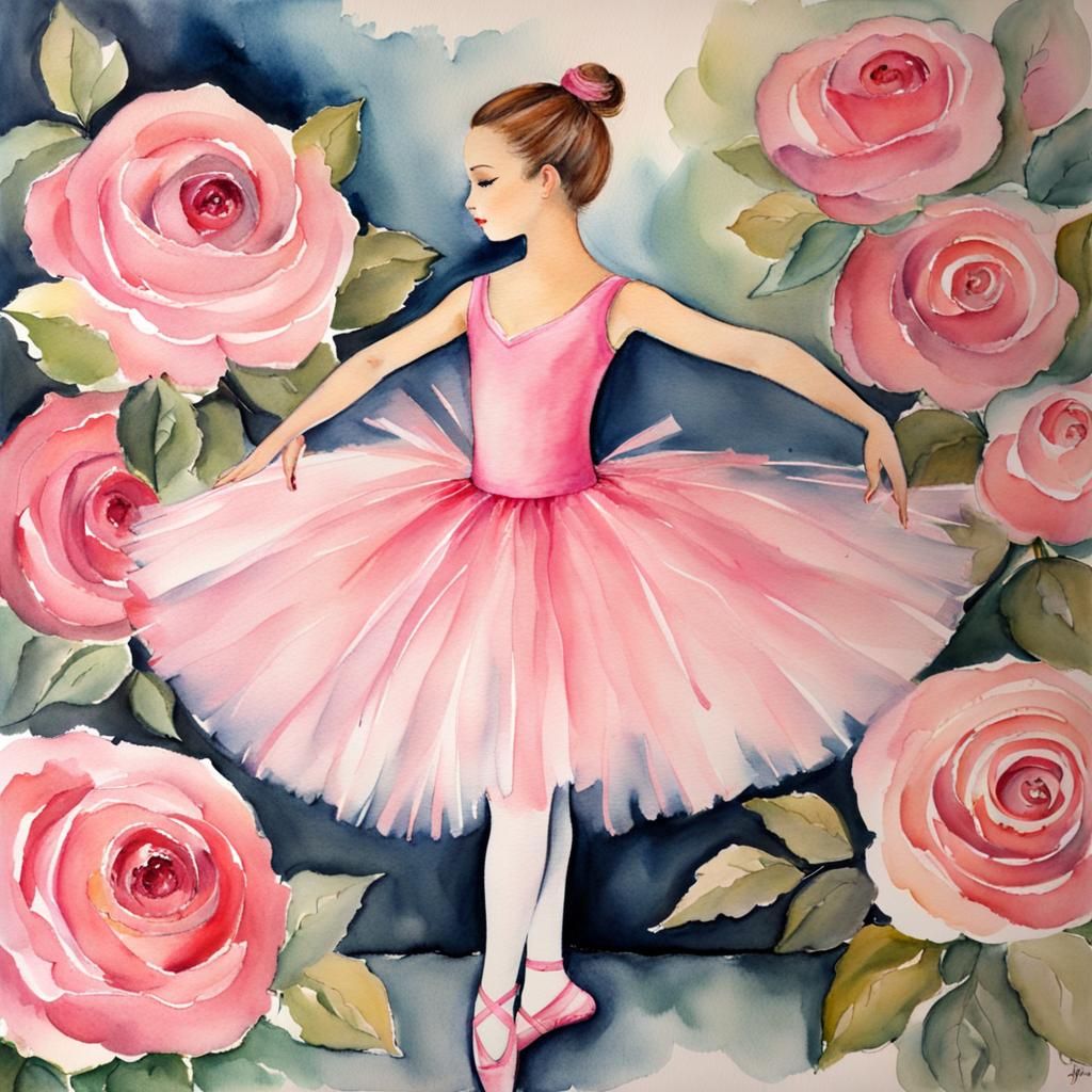 Whimsical Watercolor Ballerina with Roses in Degas Style