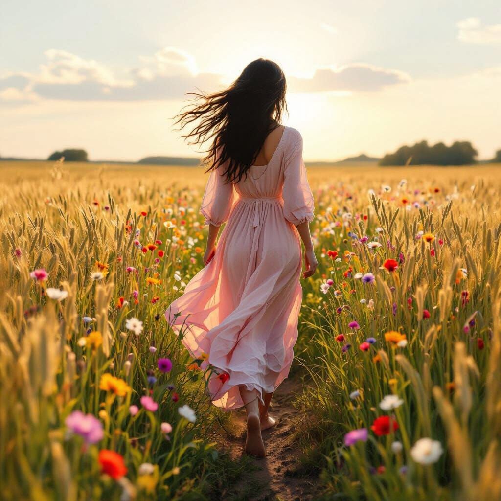 Girl Walking Through Rye Field in Romantic Style