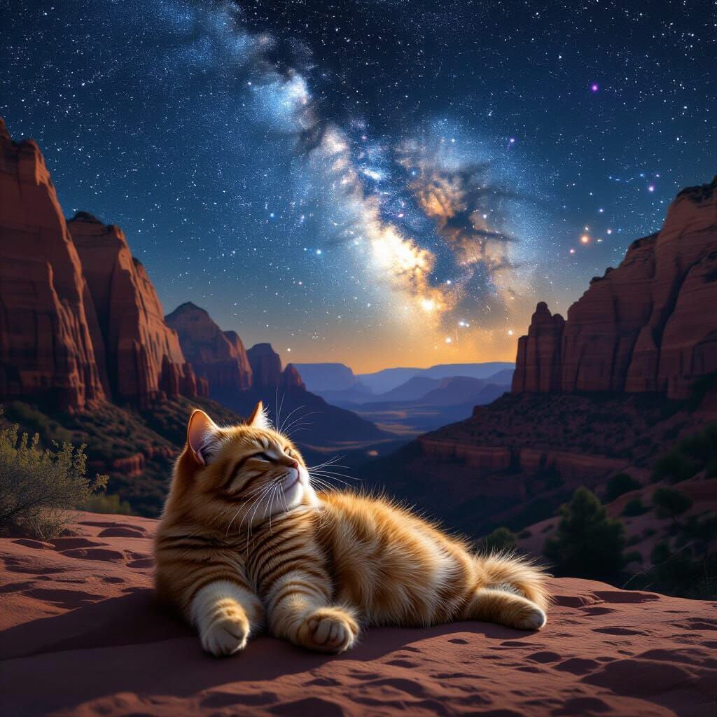 Fat Cat Gazes at Milky Way in Grand Canyon