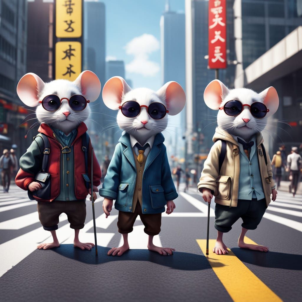 Modern Blind Mice Navigate City Streets in Vibrant Anime Sty...