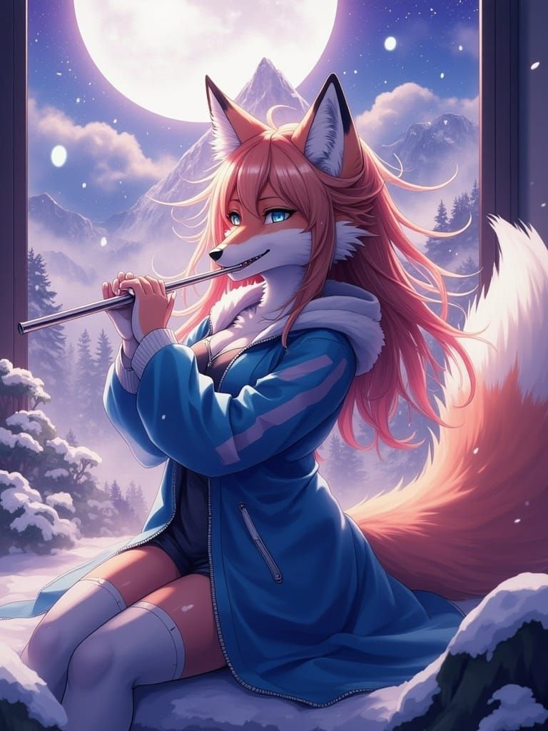 Anime Fox Girl Playing Flute in Snowy Landscape