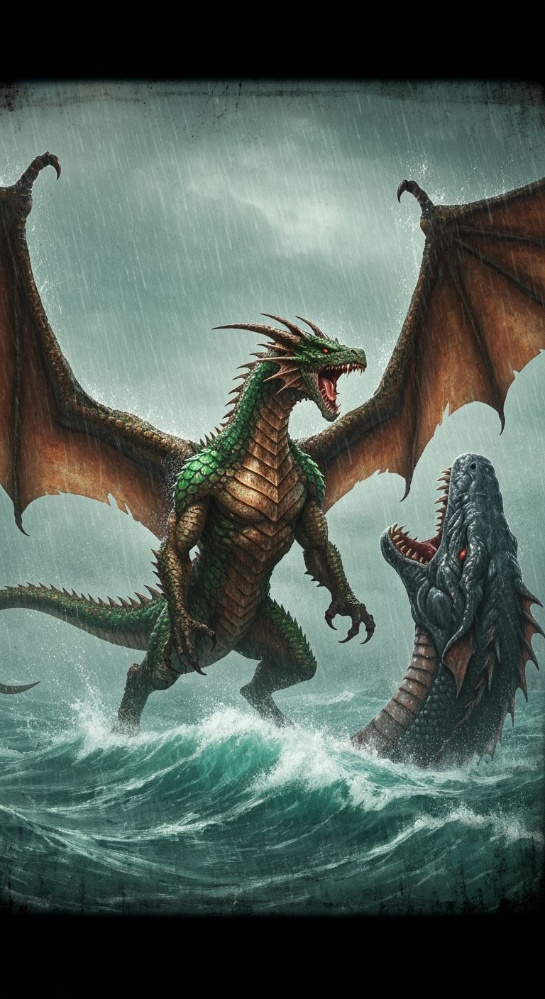 Dragon and Sea Serpent Battle in Acrylics