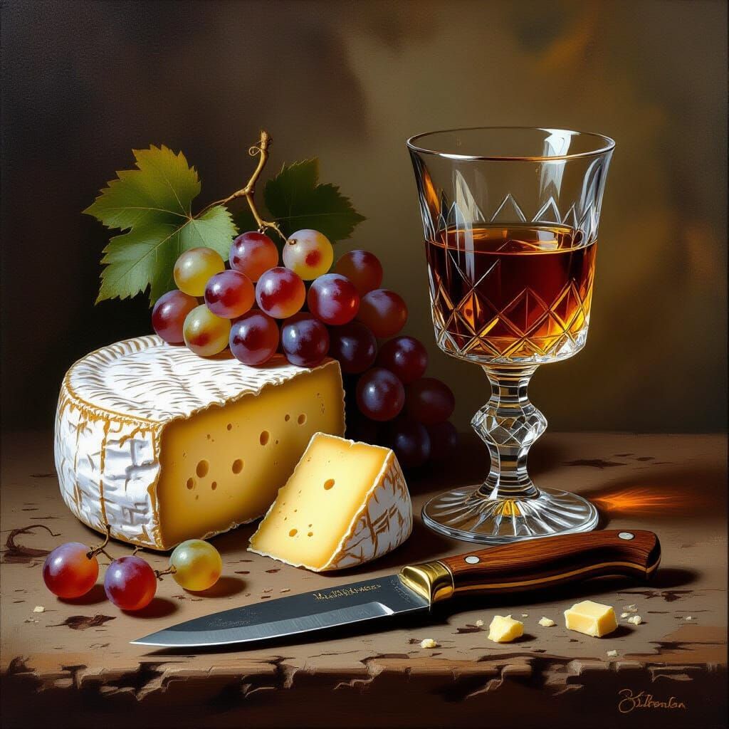 Steampunk Cheese Still Life with Grapes and Amber Liquid