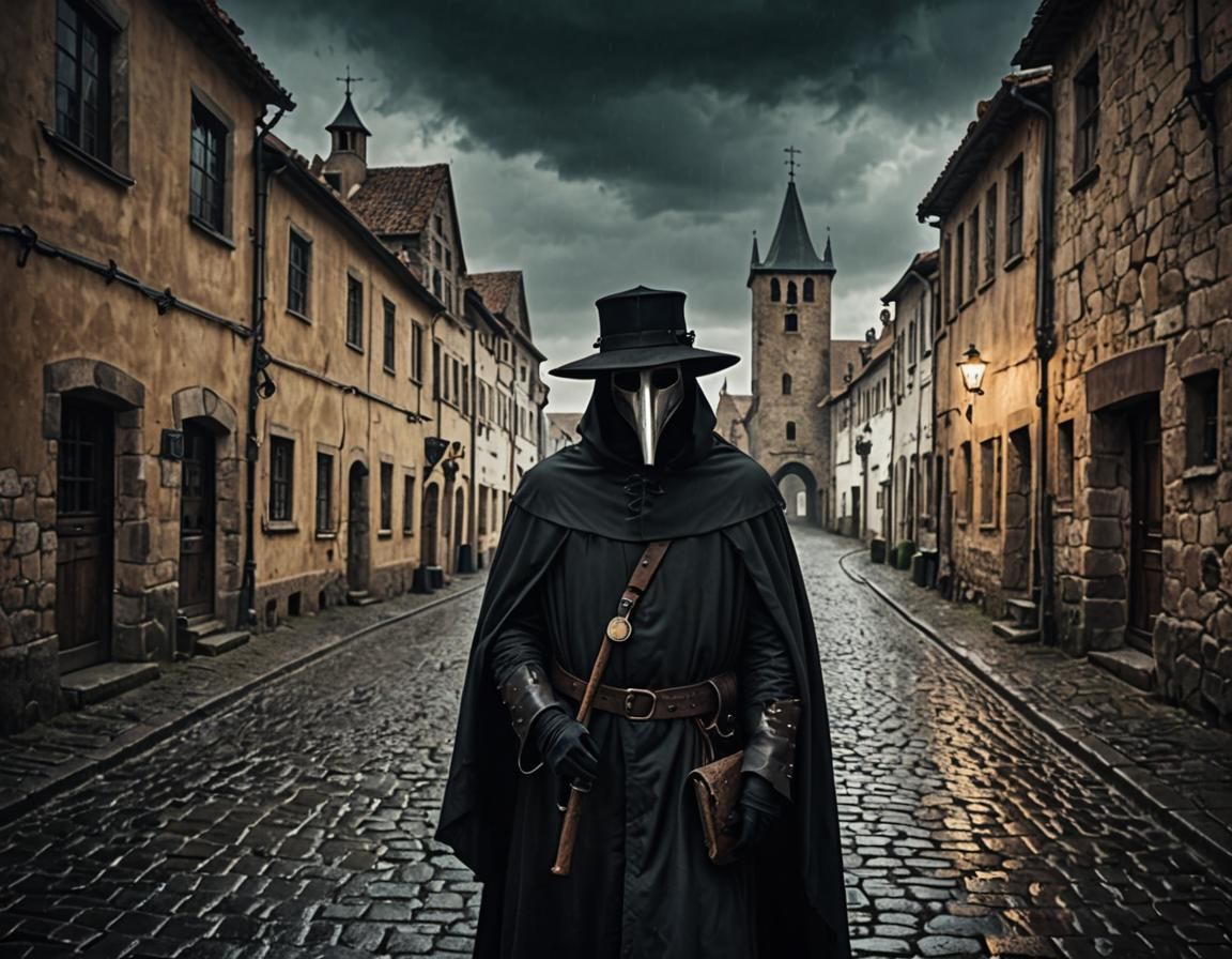 Plague Doctor in Gloomy Medieval Town Street