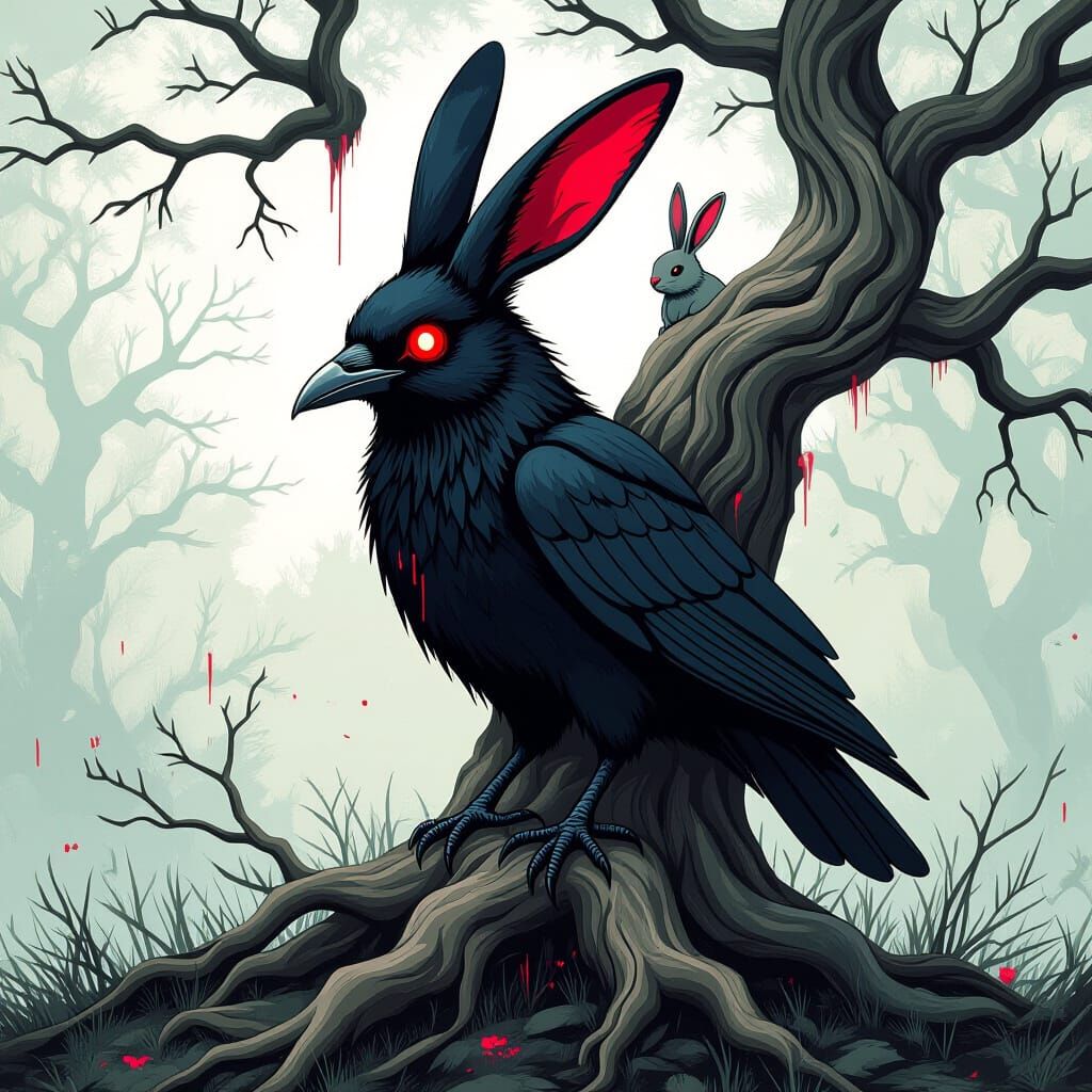 Crow-Rabbit Hybrid in Dark Fantasy Anime Style