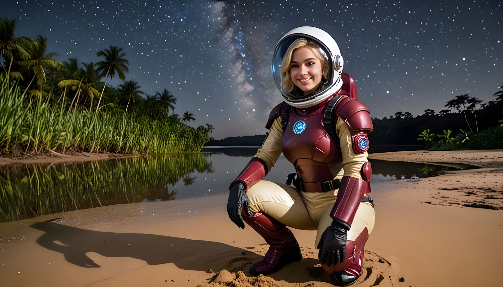 Astronaut on Tropical Planet with Starry Sky