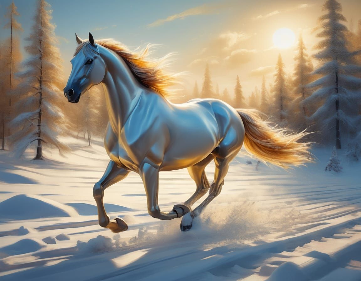 Girl and Golden Porcelain Horse in Fantasy Landscape