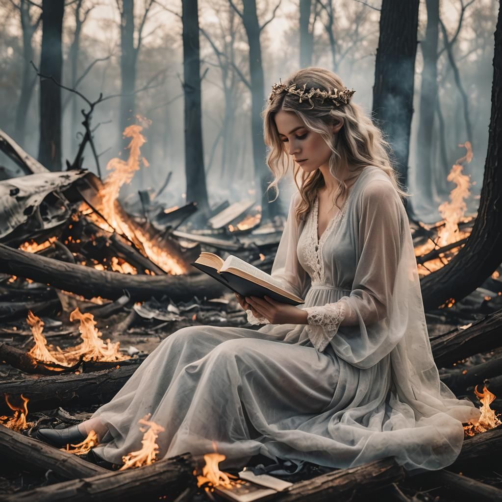 Ghostly Woman Reads Amidst Burning Wreckage
