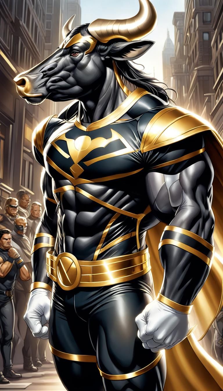 Hypermuscular Bull Superhero in Comic Book Style