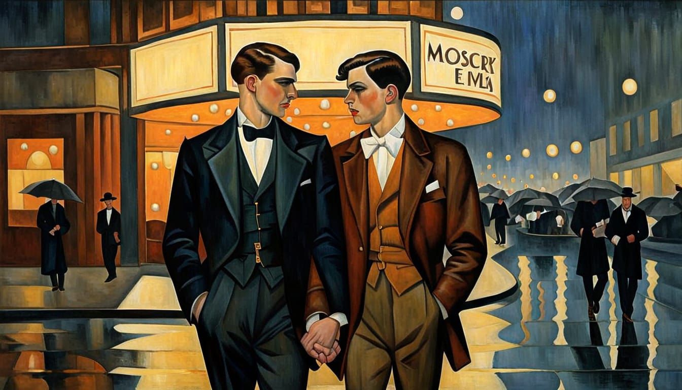 Gay Couple in 1920s Art Deco Rainy Night