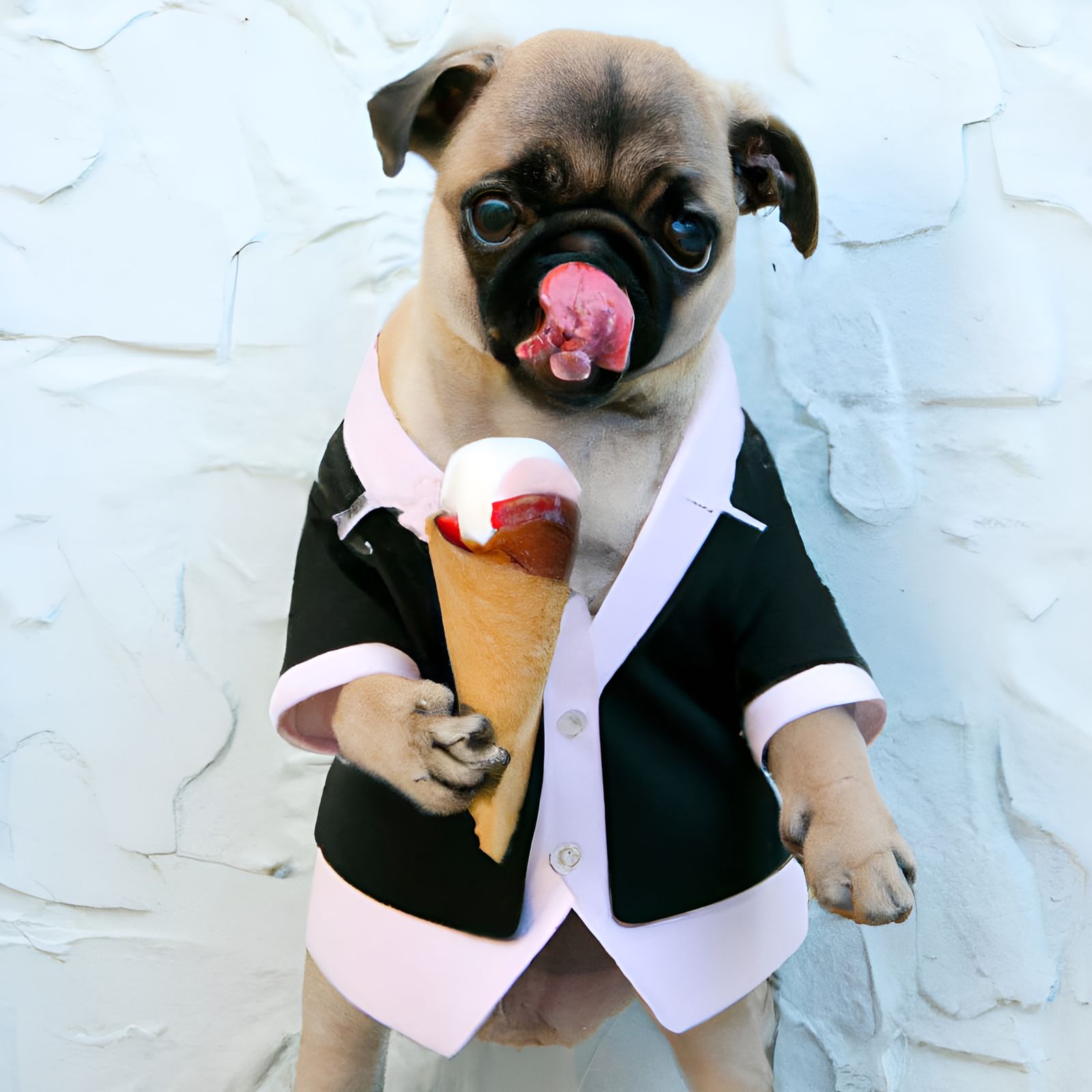Baby Pug in Suit Licking Ice Cream