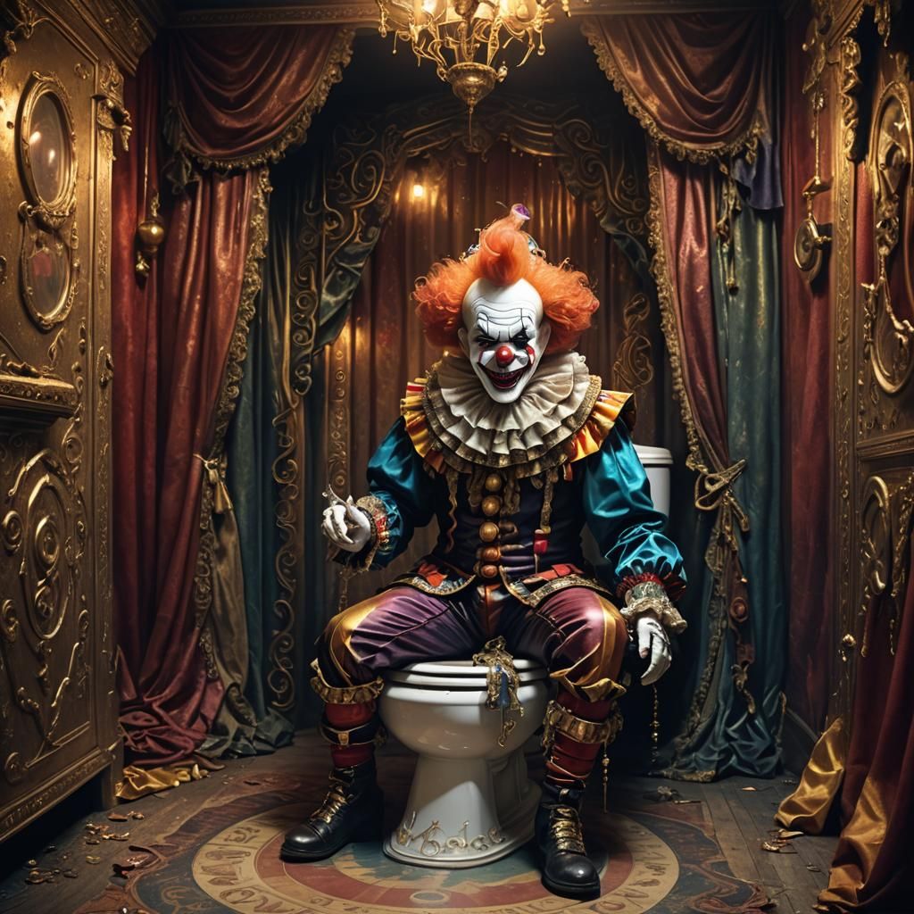 Creepy Clown on Ornate Toilet, Fantasy Art