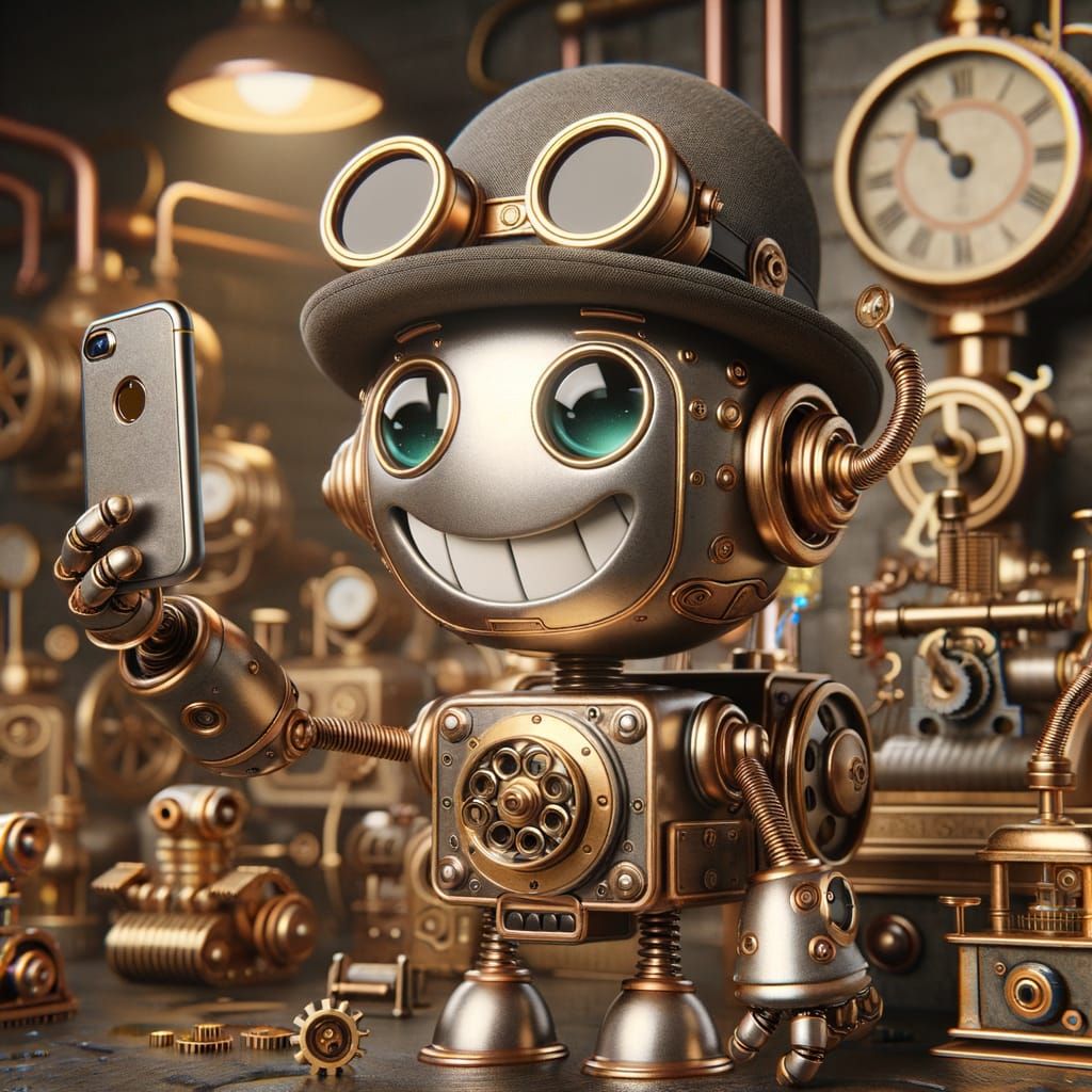 Steampunk Robot Takes a Cheerful Selfie