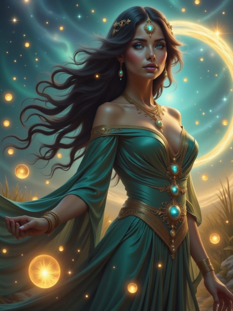 Sorceress in Orb Field, Mystical Digital Art