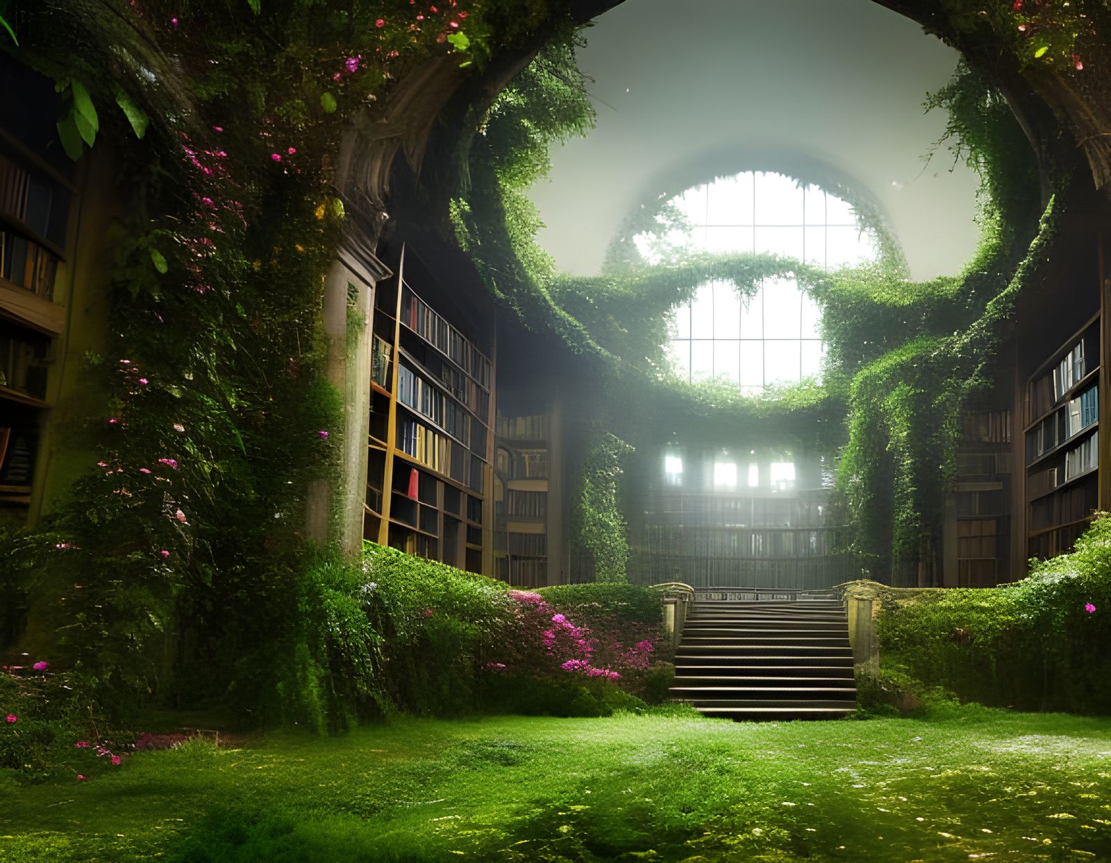 Abandoned Library Overgrown with Vines and Flowers