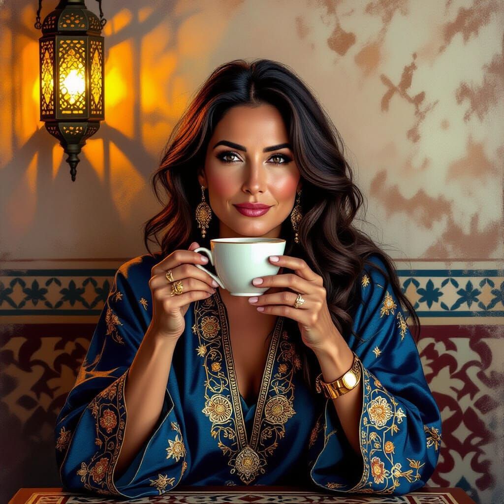 Middle-Aged Woman in Moroccan Cafe, Regal Kaftan