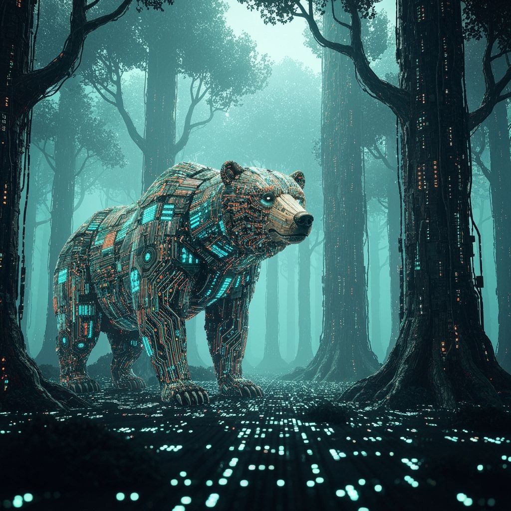 Cyberpunk Bear Made of Circuits in Alien Forest