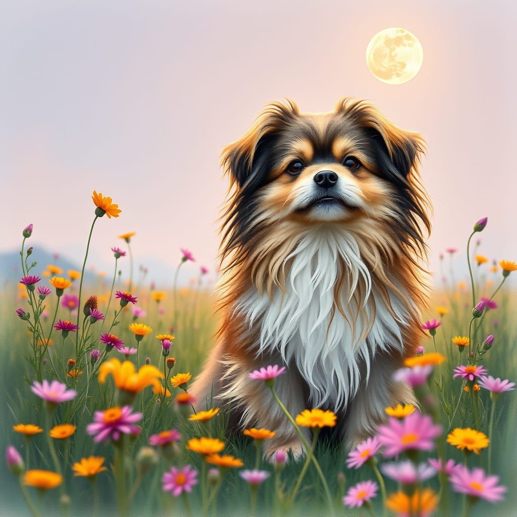 Serene Tan and Gray Havanese Dog in a Field of Wildflowers u...