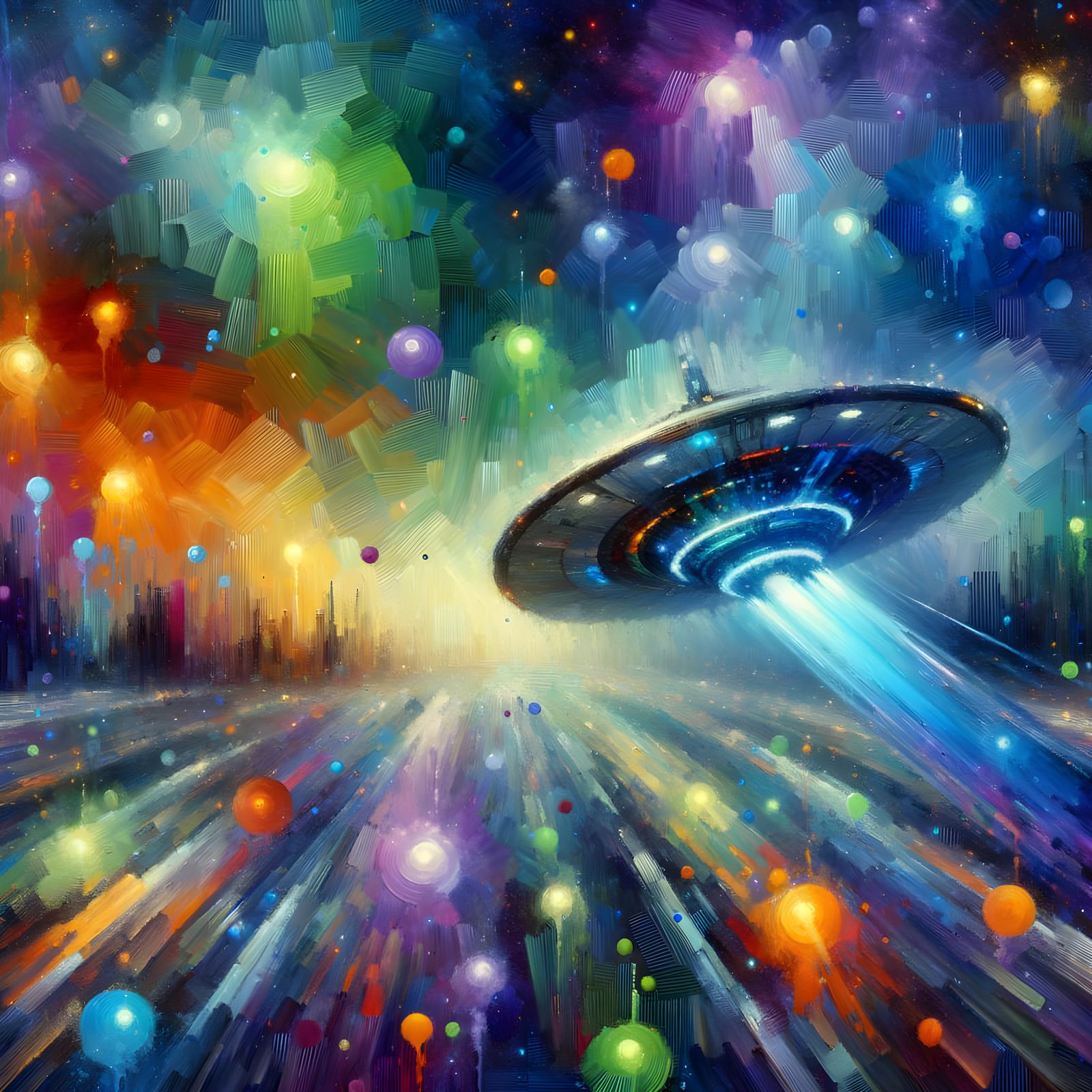 Bioluminescent Starship in Neo-Impressionist Starscape