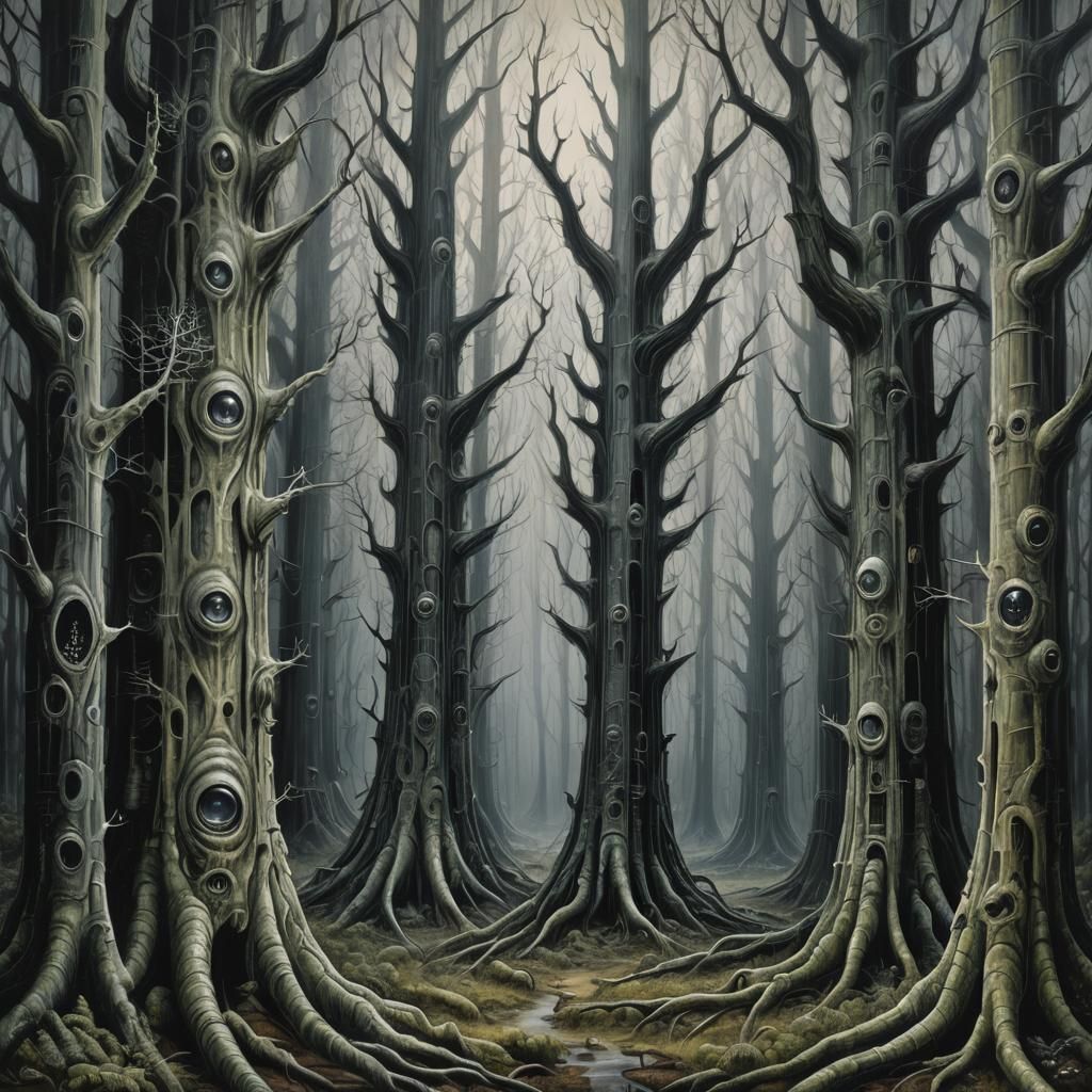Surreal Dystopian Forest Scene in Oil Painting Style