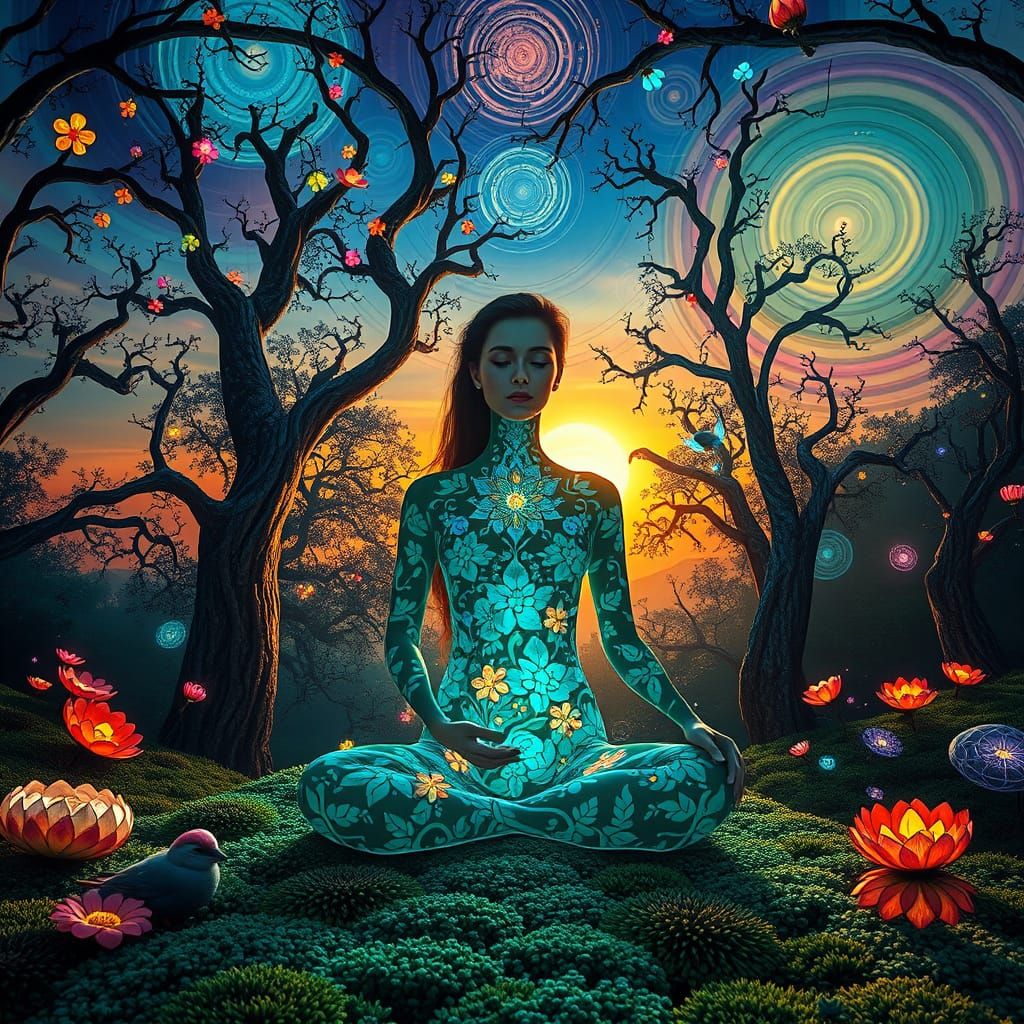 Dreamlike Goddess Amidst Whimsical Fantasy Landscape