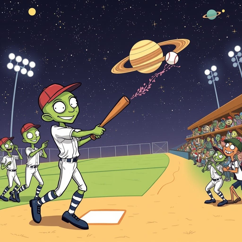 Vintage Aliens Play Baseball in a Whimsical Galaxy